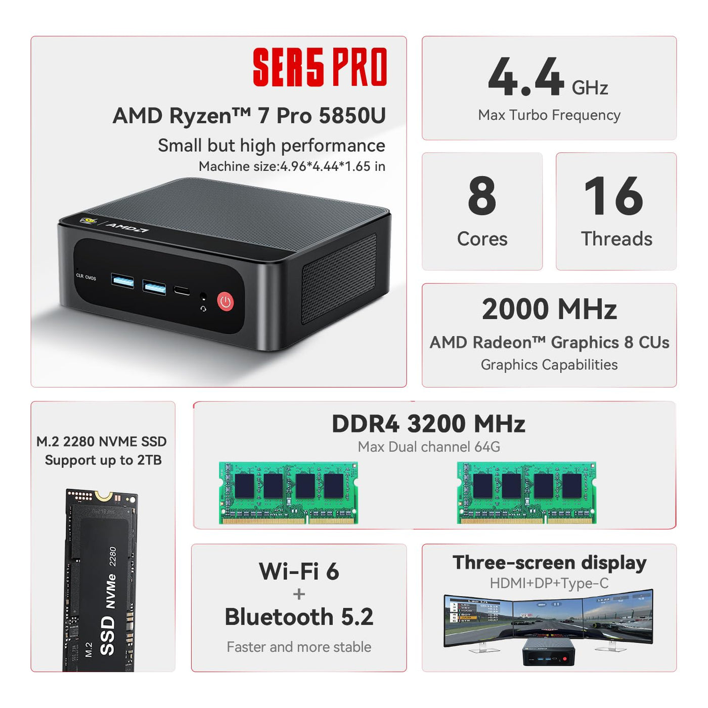 Beelink Mini PC AMD Ryzen 7 5850U(8C/16T,bis zu 4.4 GHz), SER5 Pro Mini Computer 32GB DDR4 1TB M.2 2280 PCIe3.0 SSD, 4K@60Hz Triple Output/WiFi 6/BT5.2/HDMI/DP/Type-C