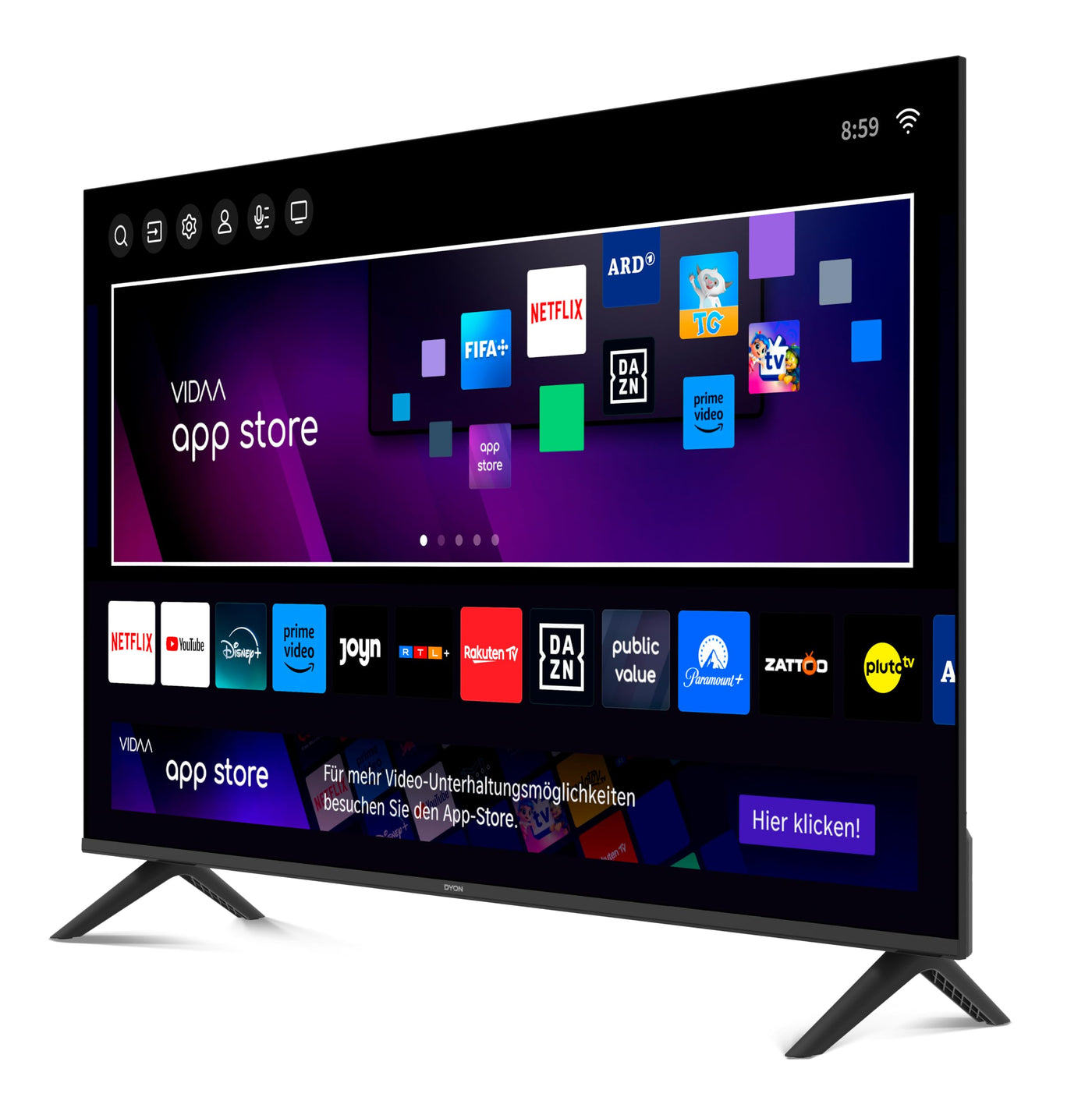 DYON Movie Smart 50 VX - Téléviseur 50 pouces (126 cm) (Smart TV 4K Ultra-HD, triple tuner (DVB-C/-S2/-T2), App Store, Prime Video, Netflix, YouTube, DAZN, Disney+) [Mod. [2024]