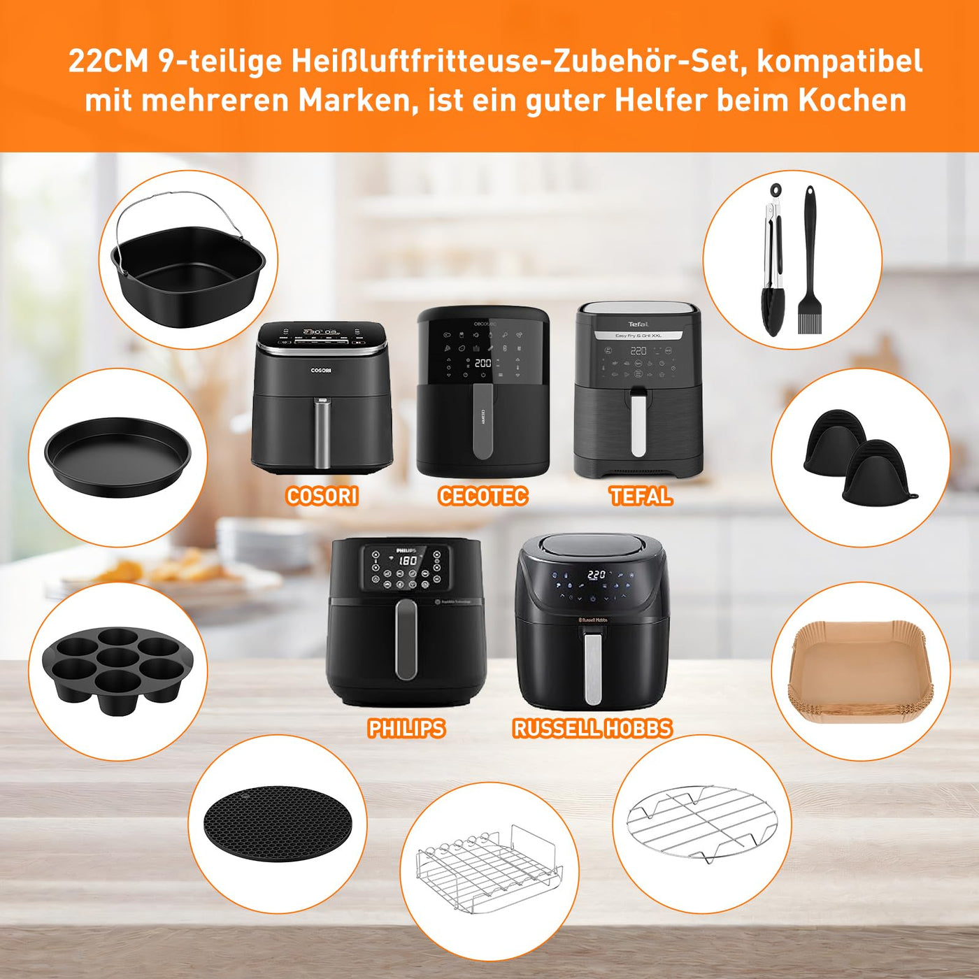 11-teiliges für Philips 5000 Serie Airfryer Zubehör XXL 7,2L 8,3L,BPA-frei Heißluftfritteuse Zubehör für COSORI Turboblaze XXL 5,5L 6L 6,4L,Russell Hobbs XXL 8L,Tefal XXL 6,5L,Cecotec 6L,Ninja 6,2L