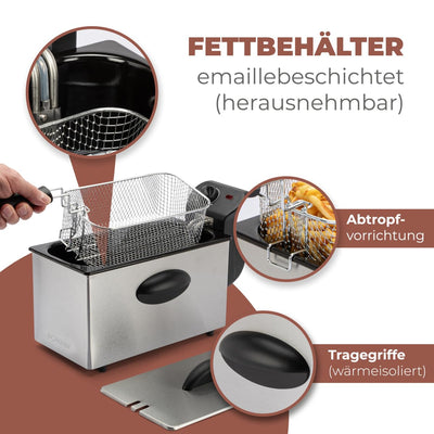 Bomann® Fritteuse mit 3L Kapazität | Friteuse mit Fett | Friteuse Öl mit Kaltzonentechnik & Abtropfvorrichtung | Fritteusen mit stufenlos regelbarerem Thermostat | 2000W | Gastro Friteuse FR 2264 CB