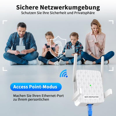 Amplificateur WLAN, répéteur WLAN 1200 Mbit/s double bande 5 GHz + 2,4 GHz, amplificateur WiFi couvre jusqu'à 200 m², répéteur WiFi avec connexion Ethernet, prend en charge WPS, compatible avec tous les appareils WLAN