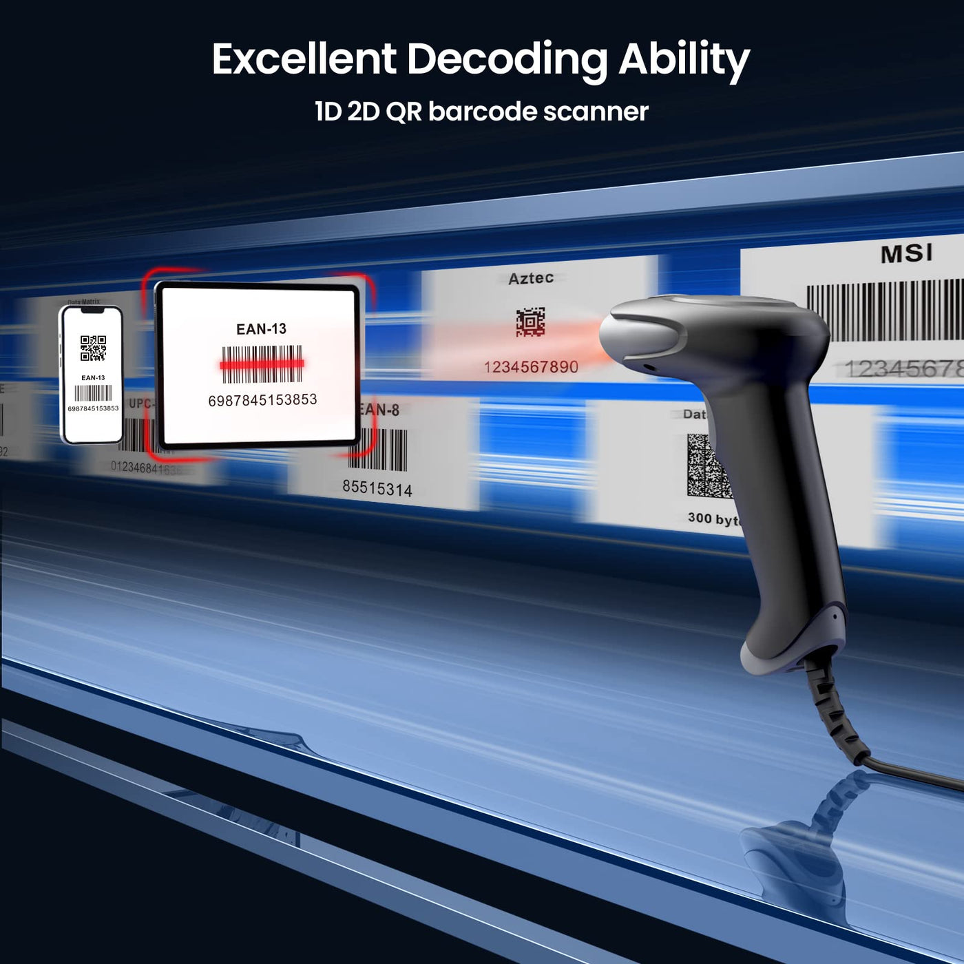 Eyoyo Barcode Scanner 1D 2D QR kabelgebunden, QR Code Scanner Handheld Barcode Leser für PC, Mac, Laptop