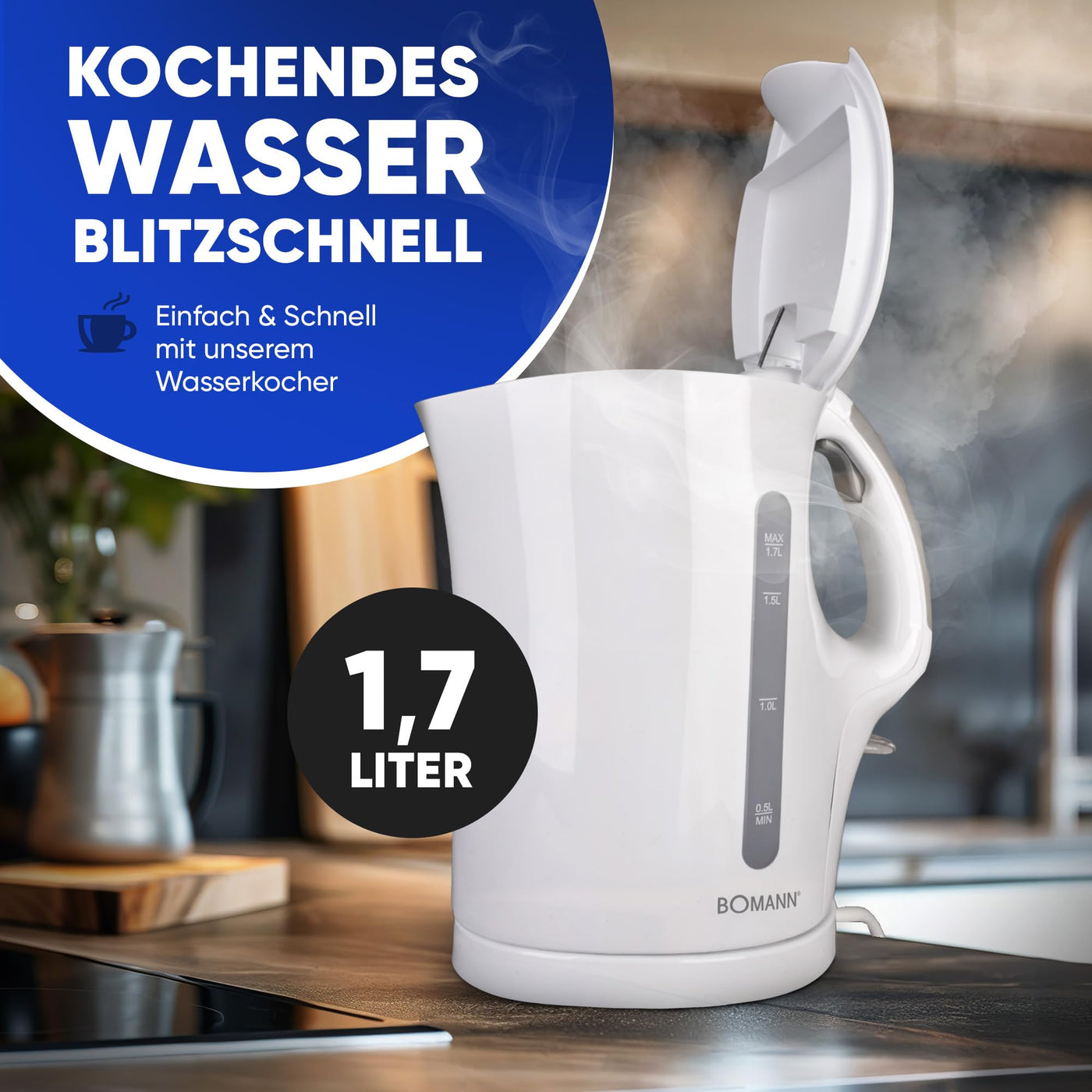 Bomann® Wasserkocher | Kettle | Wasserkocher 1,7 L mit automatischer & manueller Abschaltung | herausnehmbarer Kalkfilter | max. 2200Watt | Wasserkocher weiß | WK 5011 CB