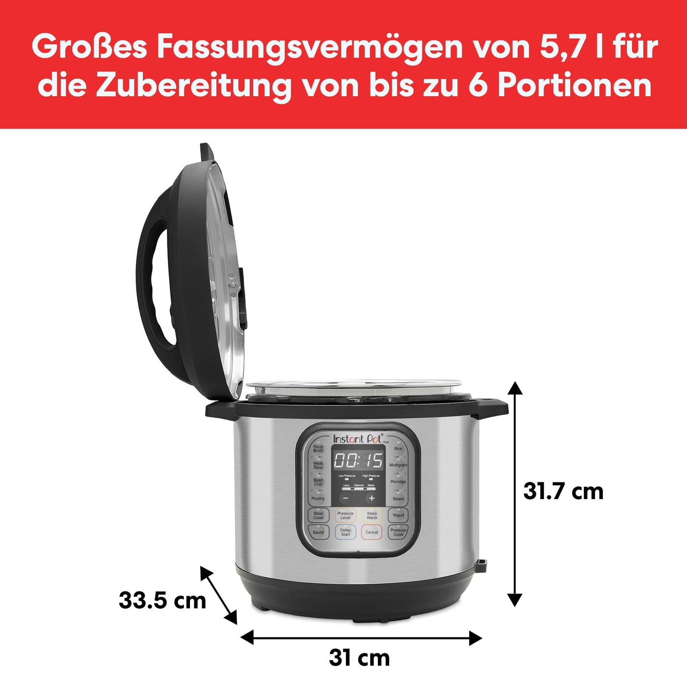 Instant Pot Duo 7-in-1 Smart Cooker 5,7 L - Schnellkochtopf, Schongarer, Reiskocher, Sautierpfanne, Joghurtbereiter, Dampfgarer und Speisewärmer, Schwarz/Rostfreier Stahl