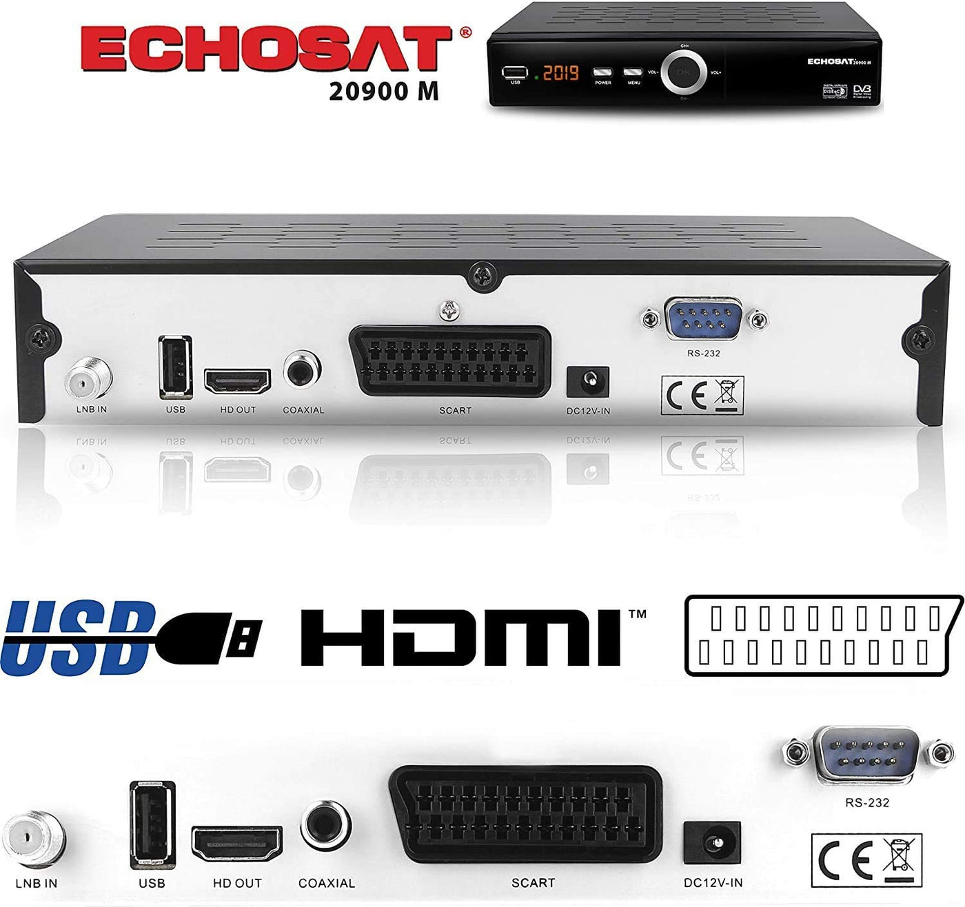 hd-line Echosat 20900 M Digital Satelliten Sat Receiver - (HDTV, DVB-S/S2, HDMI, SCART, 2X USB 2.0, Full HD 1080p) [Vorprogrammiert für Astra Hotbird Türksat]