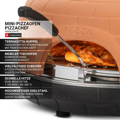 Heidenfeld Pizzaofen Pizzachef | Platz für 6 Personen - Elektrischer Pizza Ofen - 1100 Watt - Raclette Backofen mit Tonhaube - Pizzamaker inkl. Pizzaschaufeln - Stahlplatte mit Haltegriff (Terracotta)