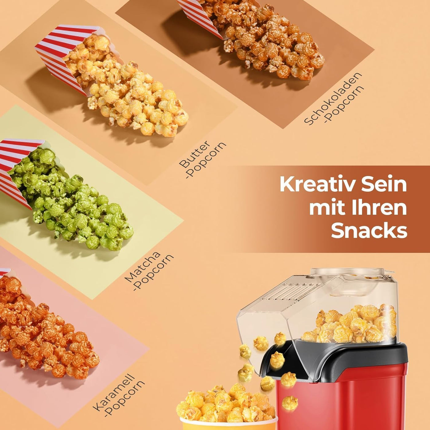 YASHE Popcornmaschine, 1200 W Heißluft Popcorn Maker, Elektrische Popcorn Maschinen, One-Touch-Bedienung, 2 Minuten, Gesund ohne Fett & Öl, Rot