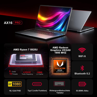 AOC Gaming Laptop,AMD Ryzen 7 5825U,Up to 4.5GHz,16.1 Inch Notebook,16 GB DDR4 RAM, NVME SSD 512 GB,Tastatur mit Hintergrundbeleuchtung,Radeon RX Vega 8, WiFi 6