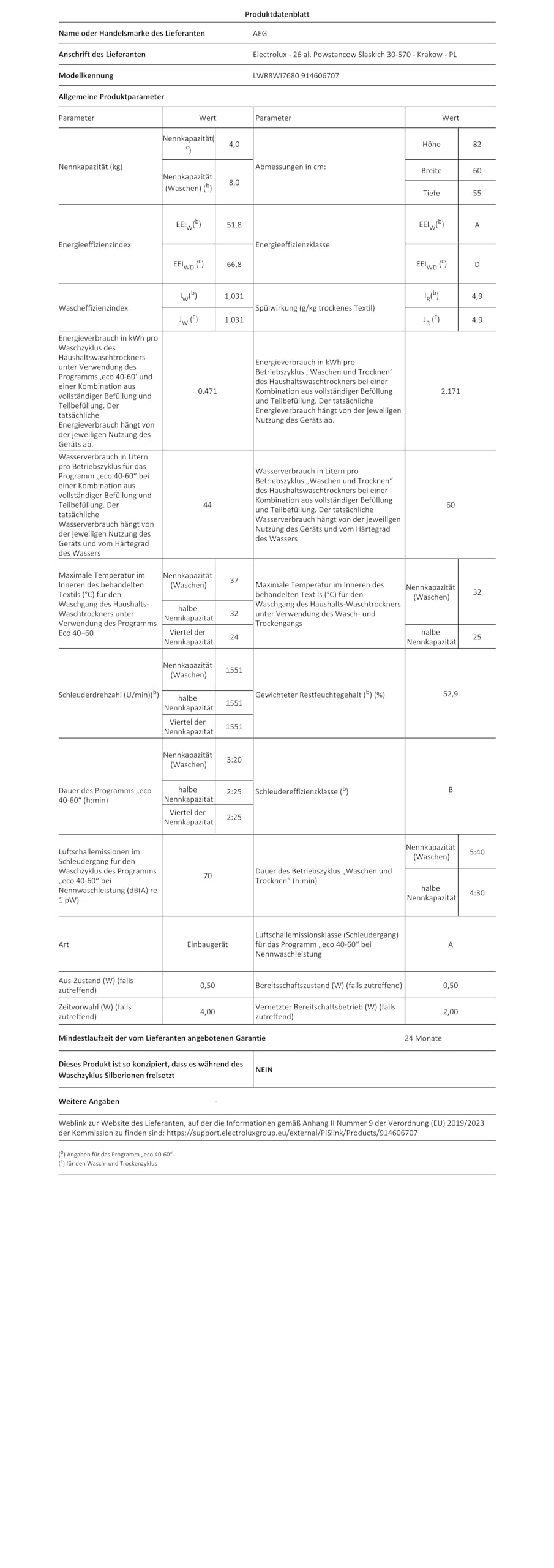 AEG LWR8WI7680/Einbauwaschtrockner/Serie 8000 mit PowerCare/8 kg Waschen/4 kg Trocknen/D/energiesparend/Mengenautomatik/Nachlegefunktion/ProSteam - Auffrischfunktion/1600 U/min, Weiß