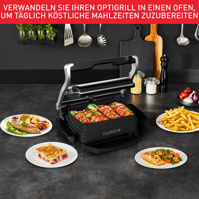 Tefal OptiGrill & Bake Kontaktgrill mit Backschale, 6 Programme, Garstufenanzeige, Abnehmbare Platten, Elektrogrill, Edelstahl, GC714D10, Silber