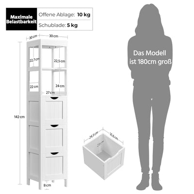 Yaheetech Hochschrank, Badezimmerschrank Aufbewahrungsschrank, mit 3 Schubladen und 2 offenen Fächern, schmales Badmöbel Badregal, 30 × 30 × 142 cm, Weiß