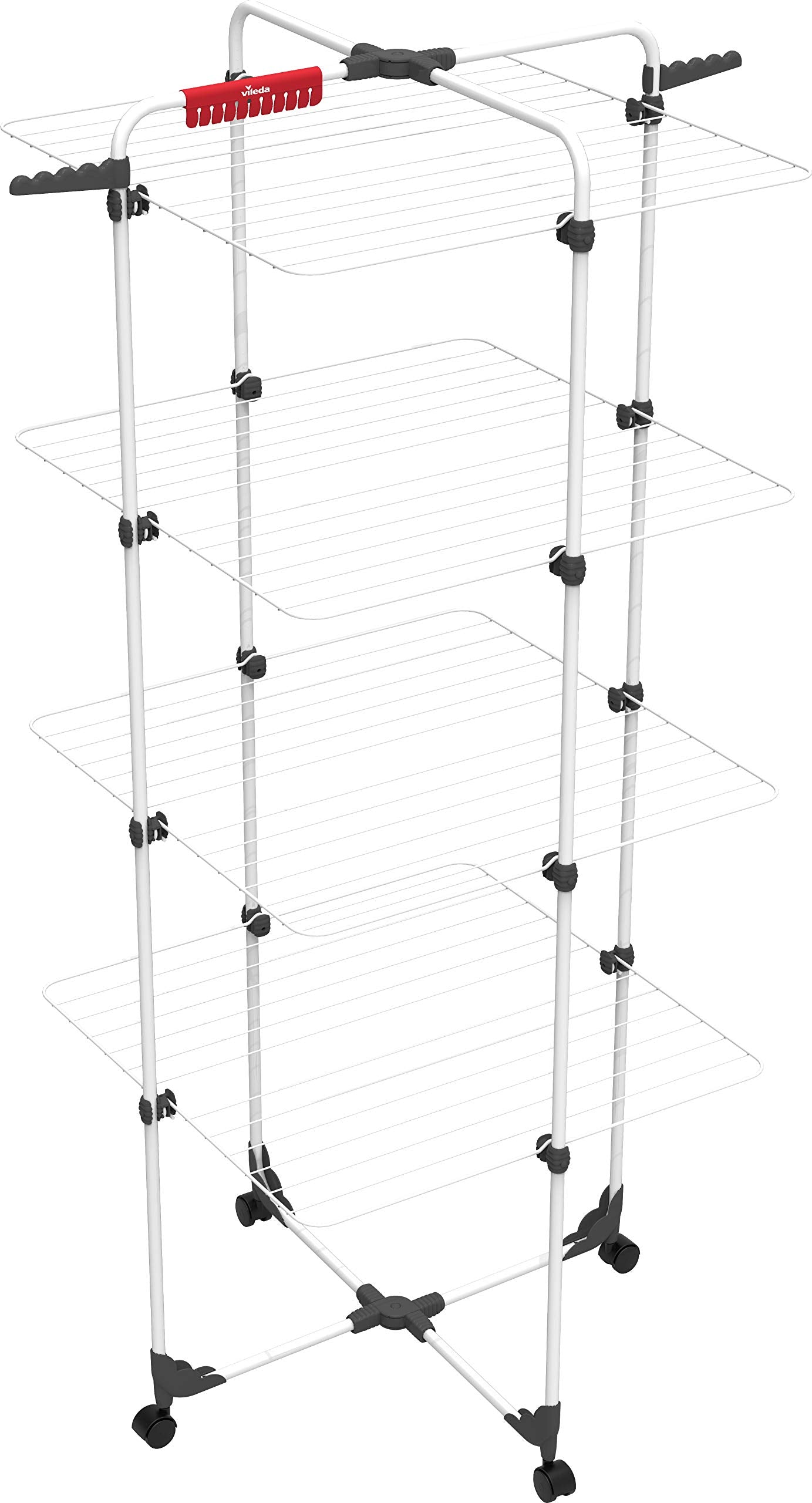 Vileda Mixer 4 Turmwäscheständer, Wäscheständer mit 4 Ebenen für bis zu 4 Waschladungen, Flex-Gelenk, rollbar, Höhe 1,64m, 40m Leinenlänge, Stahl, Eco-Verpackung