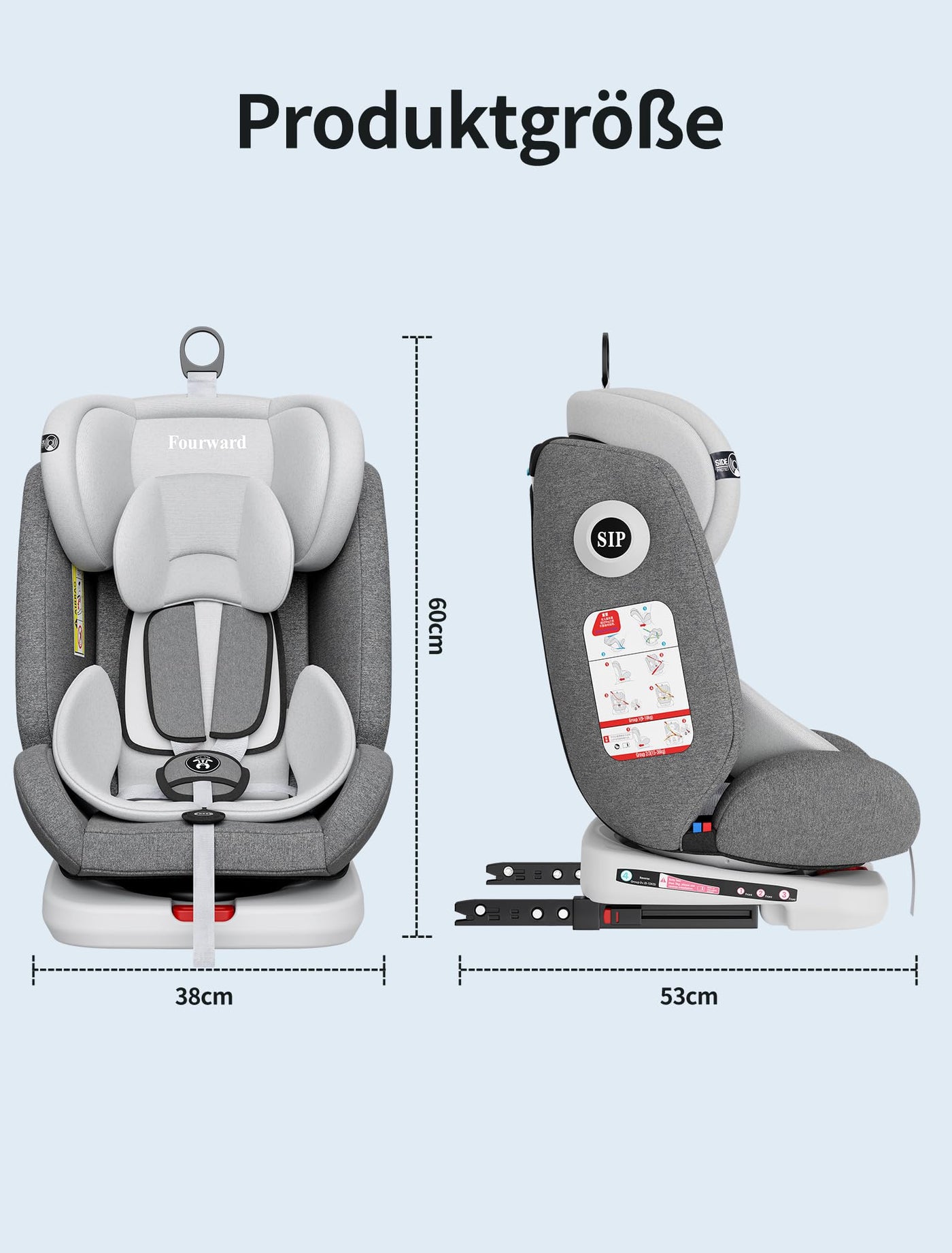 Fourward Baby Autositz 360° drehbar | ISOFIX | Ruheposition | Gruppe 0+1/2/3 | 9-36 kg | Kindersitz mit 5-Punkt-Sicherheitsgurt | Komfortabler Kinderautositz | Hohe Sicherheit | Einfache Installation