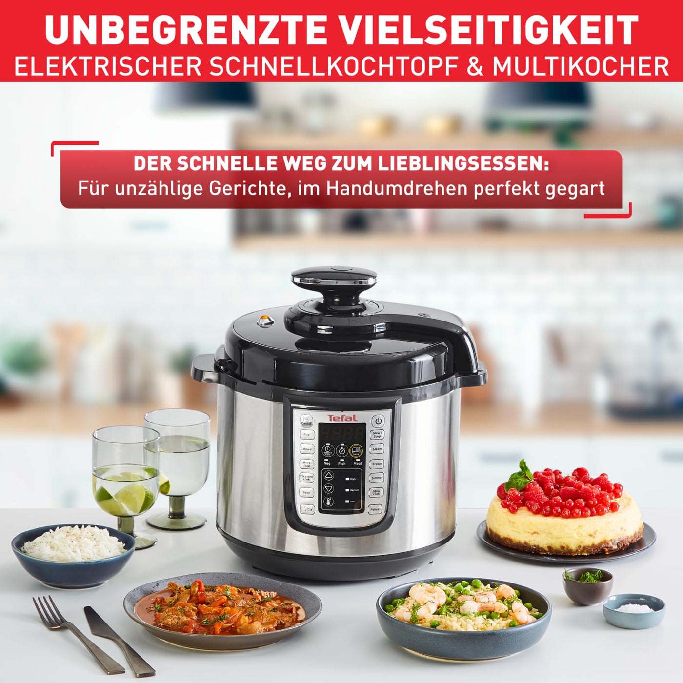 Tefal CY505E Fast & Delicious Multikocher | elektrischer Schnellkochtopf | 6 L Kapazität | 25 Automatische Programme | Bis zu 80 % schnelleres Kochen | Energiesparend | Rezeptheft | 1200 W | Edelstahl