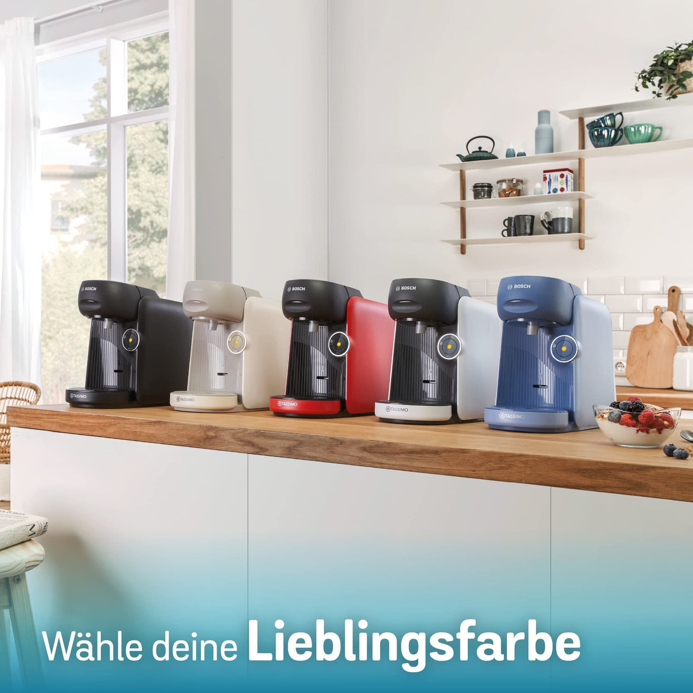 Bosch Tassimo Finesse Kapselmaschine TAS16B7 Kaffeemaschine by, 70 Getränke, intensiverer Kaffee auf Kopfdruck, Abschaltautomatik, perfekt dosiert, platzsparend, 1400 W, lupinenblau