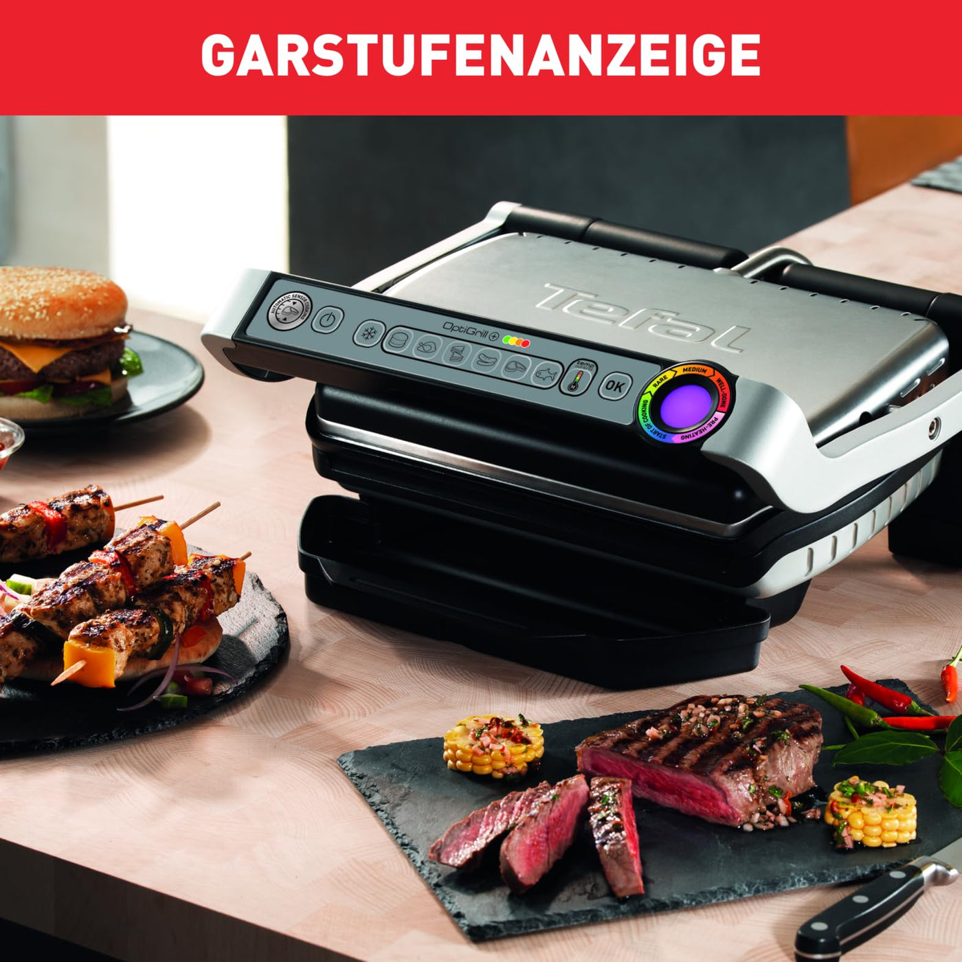 Tefal OptiGrill+ Kontaktgrill, 6 Programme, Garstufenanzeige, Abnehmbare Platten, Manueller Modus, Elektrogrill, Edelstahl, GC712D12