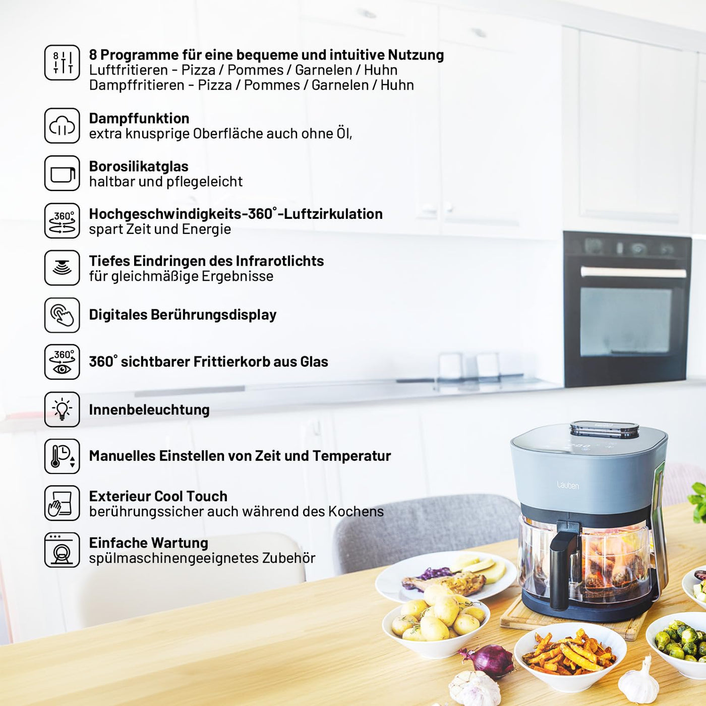 Lauben Glass&Steam Heißluftfritteuse 4500BG Air Fryer mit Glasfrittierkorb, Dampffunktion, 8 Programme, manuelle Zeit- und Temperatureinstellung, spülmaschinenfester Korb, Behältervolumen 4,5l