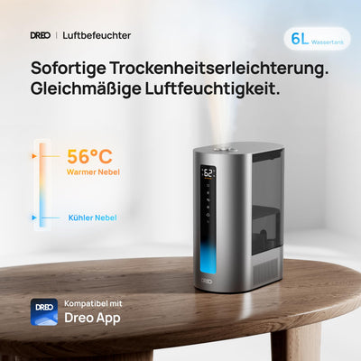 Dreo 6L Smart Luftbefeuchter für große Räume, Warm- und Kaltnebel für Schlafzimmer, 60 Std. Laufzeit, präziser Feuchtigkeitssensor, Aromadiffusor und kompatibel mit Alexa.