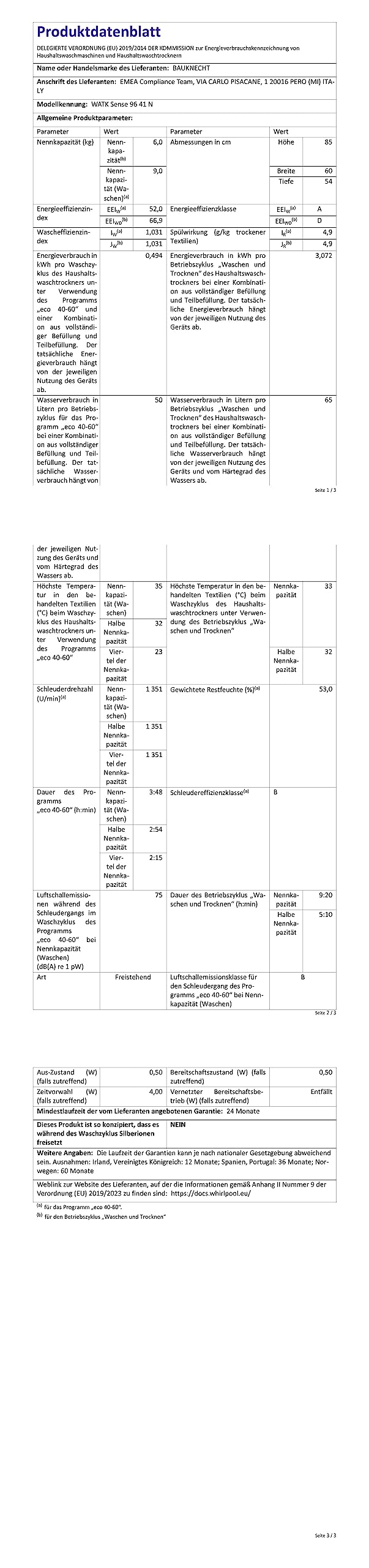 Bauknecht WATK Sense 96 41 N Waschtrockner/ 9/6 kg Waschen/Trocknen/Active Care Wash & Dry Technologie/Flecken 20° / Dampf-Programm/Wolle-Programm/Nachlegefunktion/PRO-Inverter Motor, Weiß