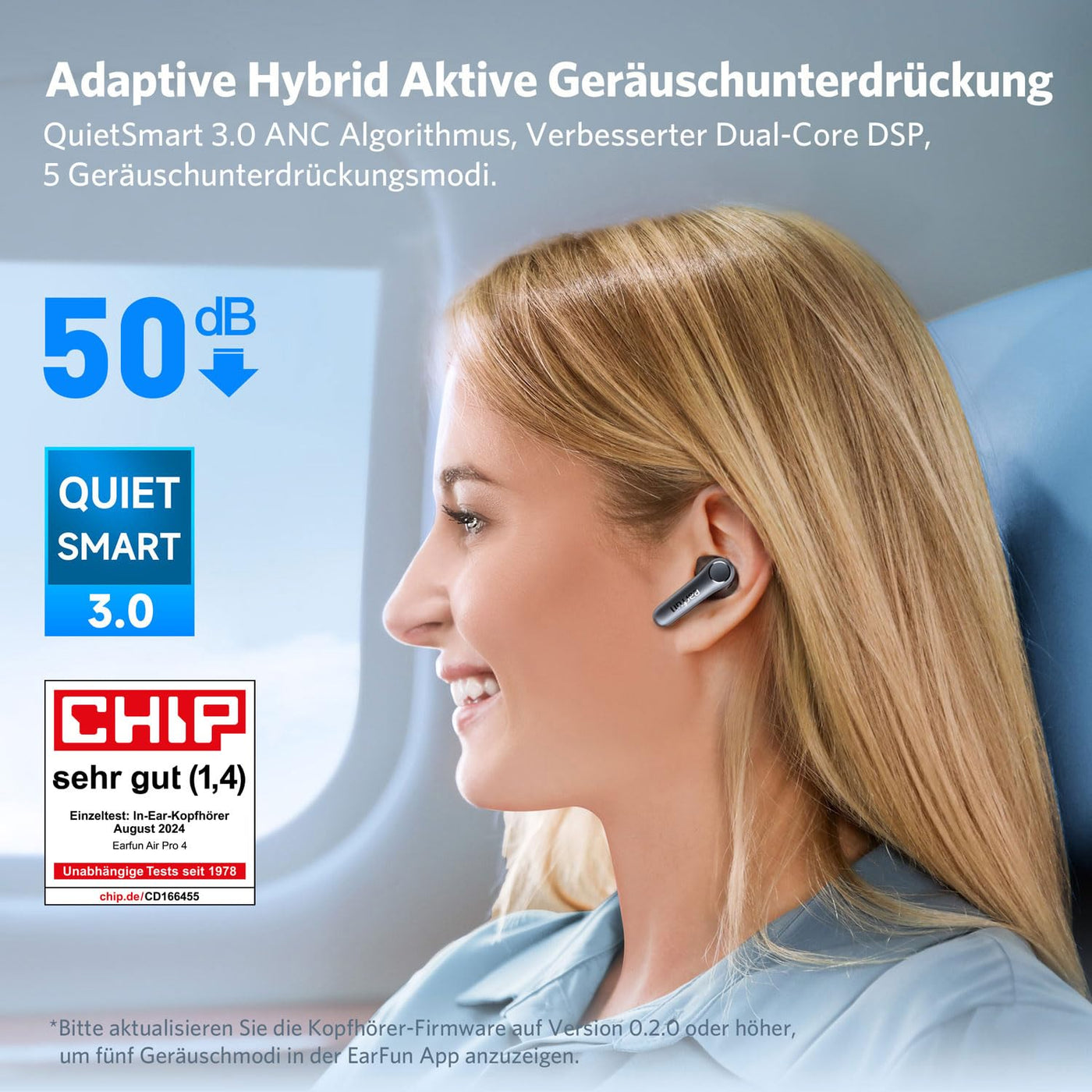 EarFun Air Pro 4 Bluetooth Kopfhörer mit Adaptive Hybride Geräuschunterdrückung, aptX Lossless, Hi-Res Audio, LDAC, 6 Mikrofone cVc 8.0 KI Anrufe, 52H Akku, Multipoint, Bluetooth 5.4, In Ear Detection