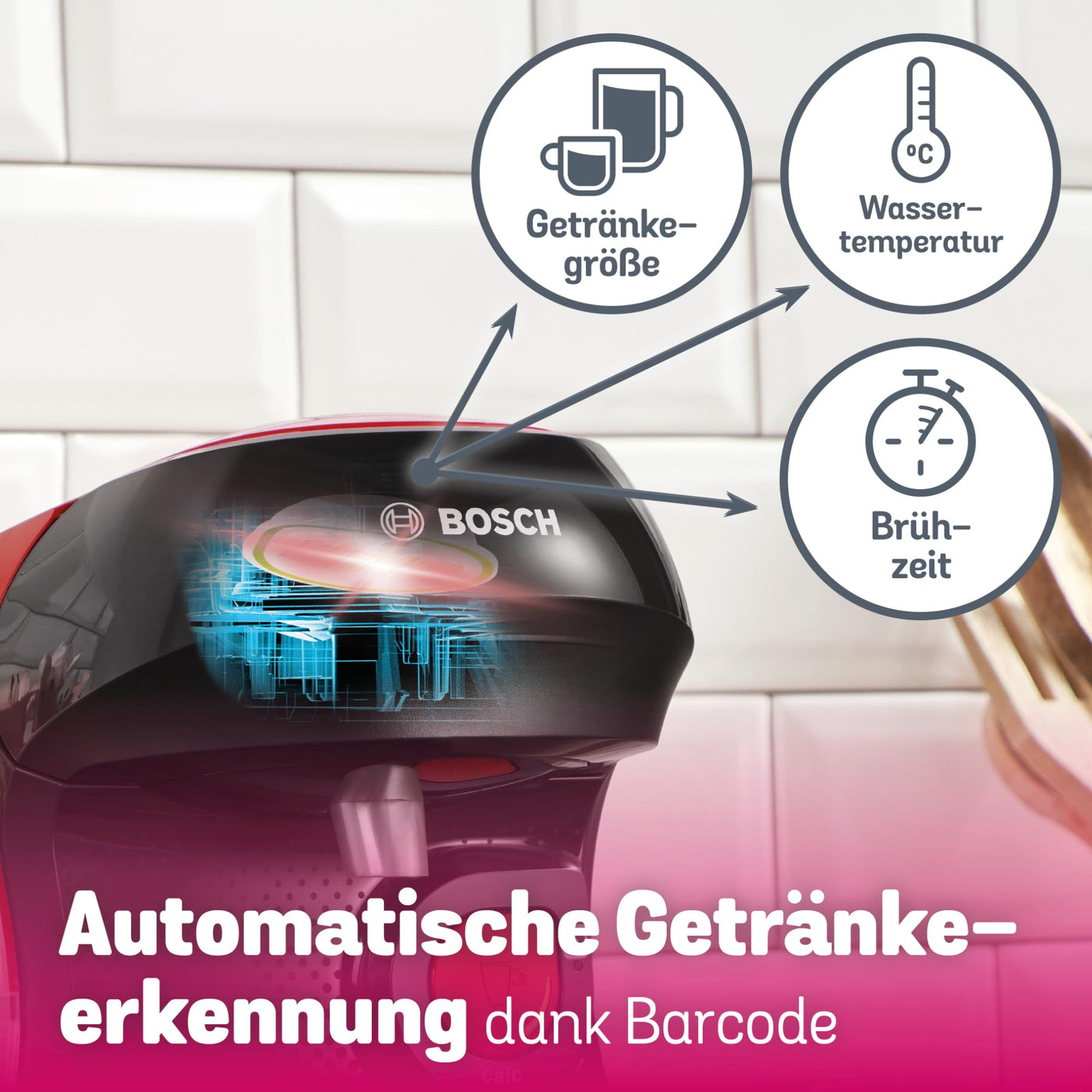 Bosch Tassimo happy friendly Kapselmaschine TAS103E, über 70 Getränke, geeignet für alle Tassen, Abschaltautomatik, nachhaltig, perfekt dosiert, platzsparend, 1400 W, rot/schwarz