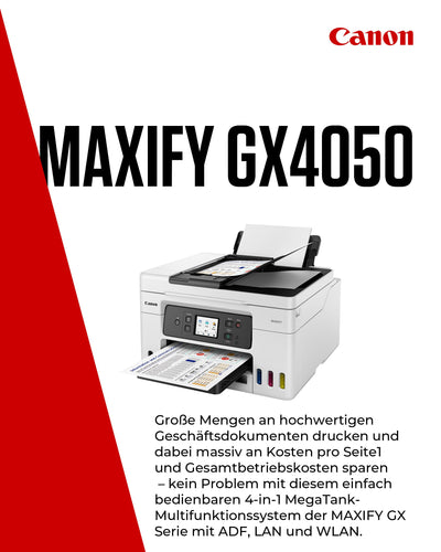 Canon MAXIFY GX4050 MegaTank Multifunktionsdrucker 4in1 (Tintenstrahl, Druck, Kopie, Scan, Fax, ADF 35 Blatt, WLAN, LAN, Touch LCD, Duplex, niedrige Seitenkosten, hohe Reichweite, gerader Einzug) weiß