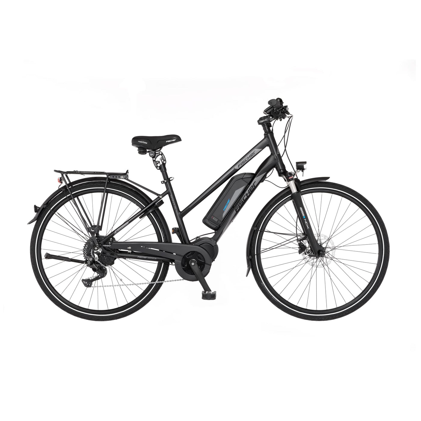 FISCHER E-Bike Trekking VIATOR ETH 1861 Elektrofahrrad für Damen und Herren, RH 49 cm, Mittelmotor 80 Nm, 48 V Akku, schwarz matt, 49cm-627Wh