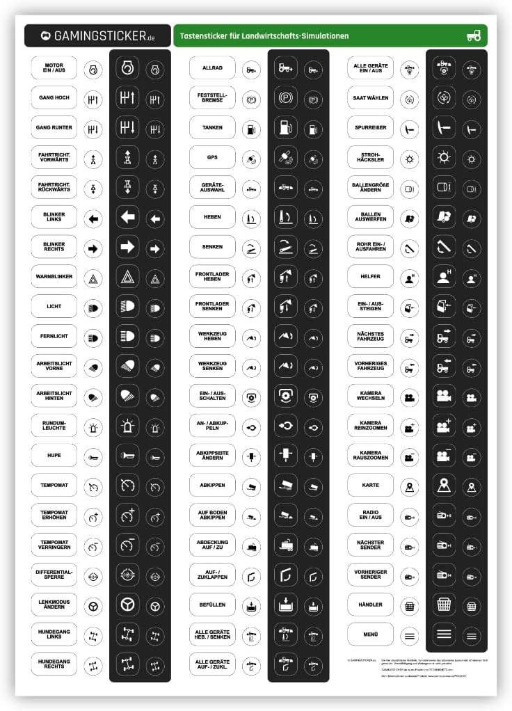 GAMINGSTICKER Tastensticker für Landwirtschafts-Simulationen - Farming Sim LS Sticker Aufkleber mit Icons/Symbolen für Tastenbelegung, PC- und Gaming-Zubehör