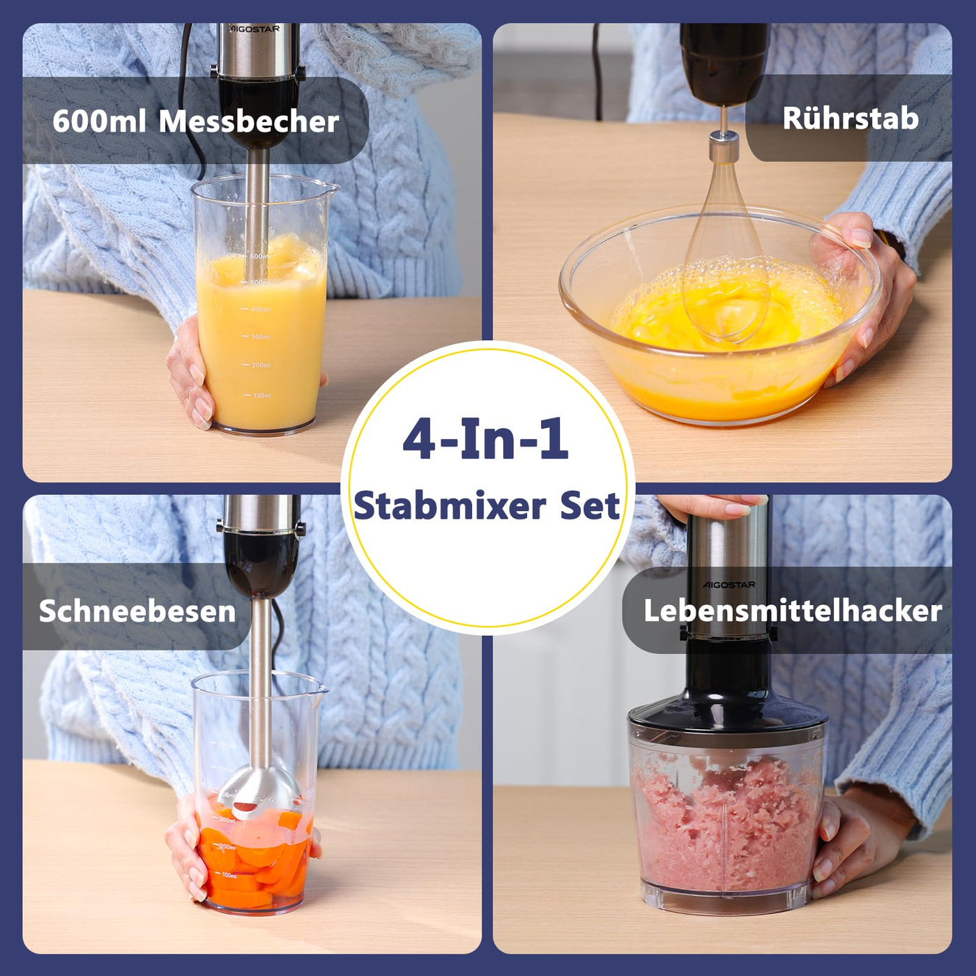 Aigostar Buckle - Stabmixer Set 4 in 1, Pürierstab Edelstahl 1000 W, Rührstab mit 6 Geschwindigkeiten, Zauberstab Mixer mit 600ml Messbecher, 500ml Lebensmittelhacker, 1 Schneebesen.