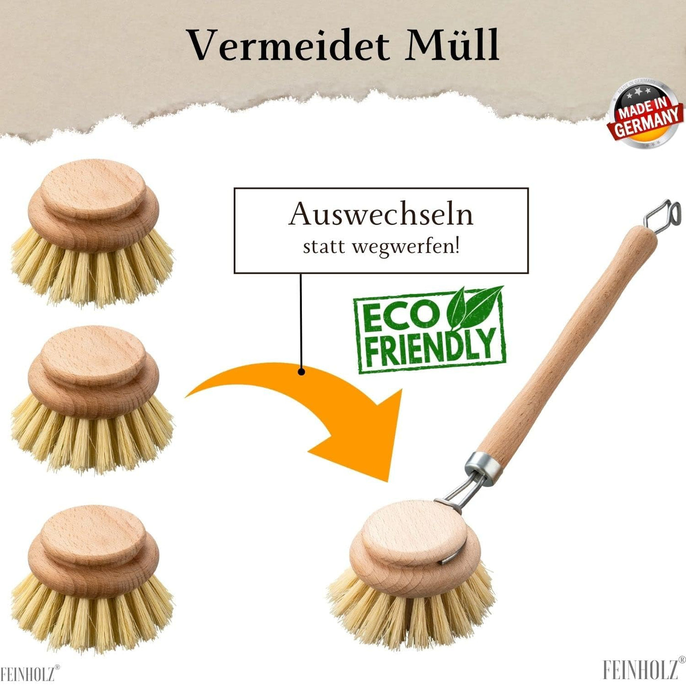 FEINHOLZ Spülbürste Holz mit Wechselkopf im 4er Set mit Naturborsten • Made in Germany • nachhaltige Spülbürsten Holz mit 3 x Ersatzkopf • Abwaschbürste, Geschirrbürste, Küchenbürste, Bürste Küche