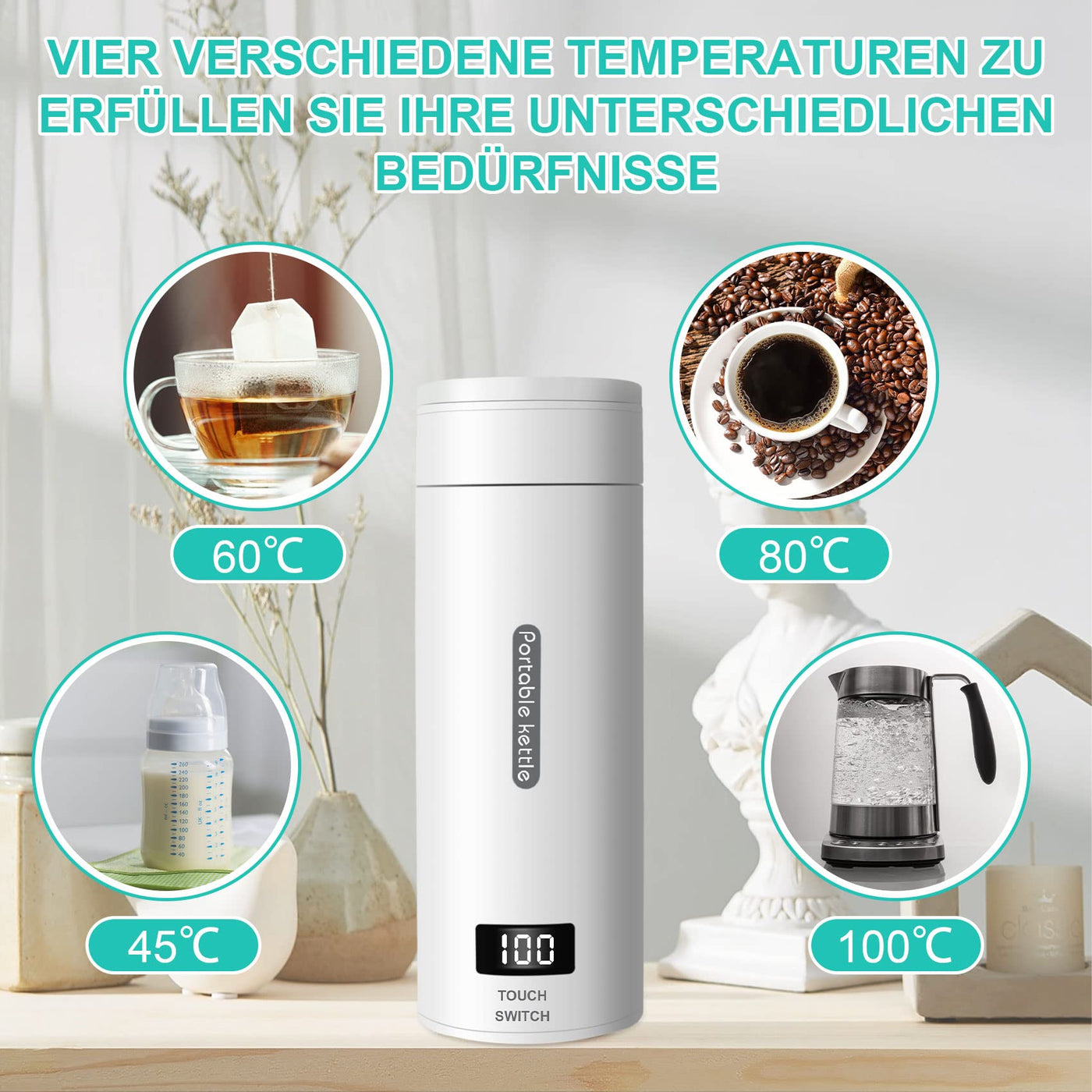 Reise Wasserkocher Klein, Elektrische Wassertasse,220V 300W Schnellkoch-Teekanne-Heizbecher mit Temperatureinstellung, mit Automatischer Abschaltung für Unterwegs（Netzkabel befindet sich im Becher）