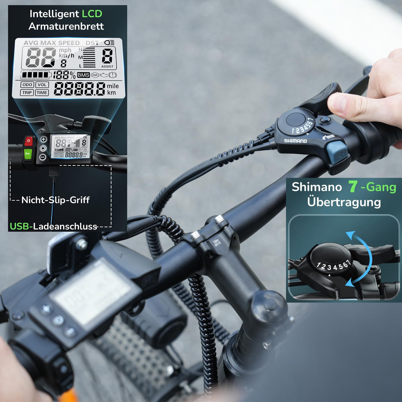 Finbike E Bike mit USB-Slot, 26" Elektrofahrrad Abnehmbarer 10400mAh Akku,7-Gang Pro,3.5H Schnellladung,5 Fahrmodi,E-Mountainbike Reichweite Max 100km,250W Electric Fahrrad Herren Damen