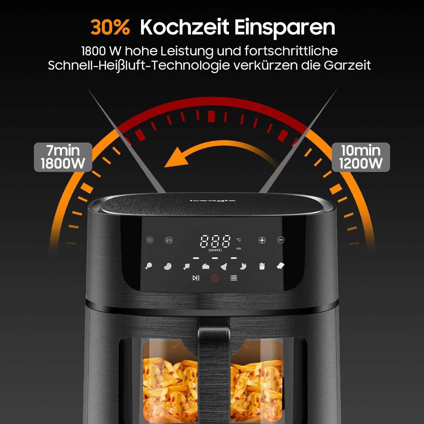 Iceagle Heißluftfritteuse XXL Air Fryer 9L - Heissluftfriteuse mit Großes Sichtfenster | Friteuse Airfryer ohne Öl mit Digitalem Led Touchscreen, 8 Programmen, Shake-Modus, 1800W, Rezeptbuch