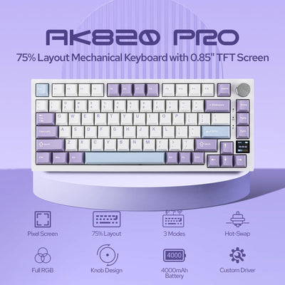 EPOMAKER Ajazz AK820 Pro Gasket Mechanische Tastatur mit Kabel/Bluetooth/kabellos, TFT Bildschirm, beleuchtet RGB, Schalldümpfende Foam für Win/Mac/PC (White Purple, Ajazz Flying Fish Switch)