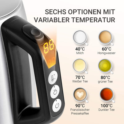 Midea Wasserkocher mit Temperatureinstellung (40, 60, 70, 80, 90, 100 Degree C),Edelstahl 1,7 Liter,Kettle 2200W mit Sichtfenster, Warmhaltefunktion für 60 Min