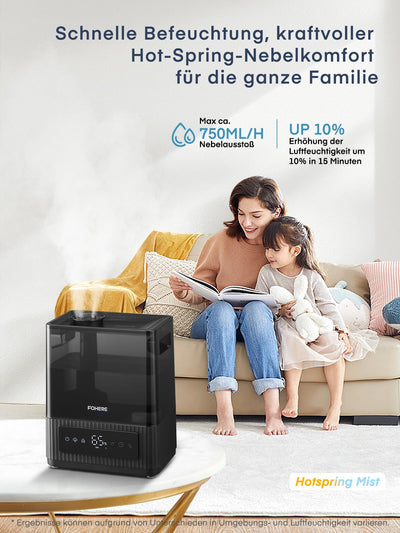 FOHERE 6L Warm- und Kaltnebel Luftbefeuchter für Zuhause, Top-Fill Ultraschall Luftbefeuchter für Pflanzen, Babys, Kinder, Öl-Diffusor, Schlafmodus, Timer, leise, schwarz