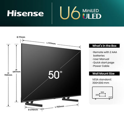 Hisense 50U6NQ 126 cm (50 Zoll) Fernseher 4K Mini LED ULED HDR Smart TV, 60Hz, HDMI 2.0, Game Mode Plus, Dolby Vision & Atmos, Bluetooth, Alexa Built-in, Anthrazit, [2024]