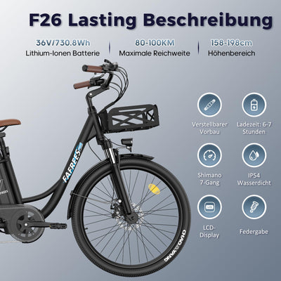 Fafrees E Bike 26 Zoll, Elektrofahrrad für Herren Damen mit 36V 20,3AH Akku, Citybike Elektrofahrräder Reichweite 80-200KM, 42N.m Drehmoment, F26 Lasting (Schwarz)