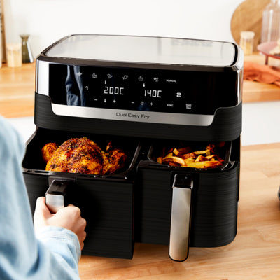 Tefal EY9018 Dual Easy Fry Doppelkammer-Heißluftfritteuse | 5,2/3,1 L Fassungsvermögen | zwei unabhängige Schubladen | 7 automatische Programme | energiesparend | Schwarz