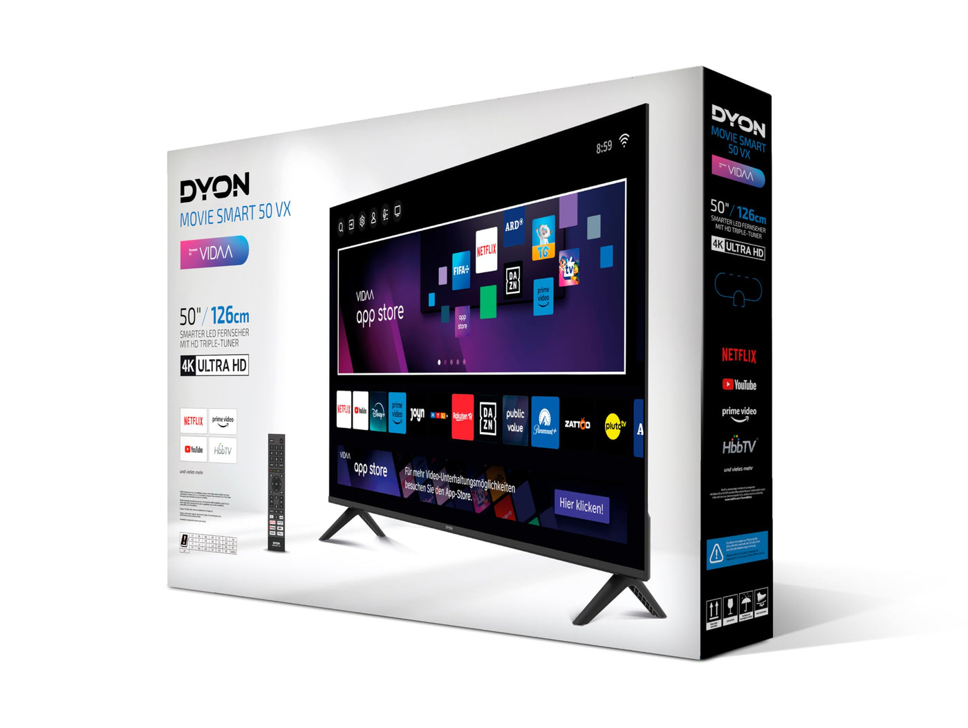 DYON Movie Smart 50 VX - Téléviseur 50 pouces (126 cm) (Smart TV 4K Ultra-HD, triple tuner (DVB-C/-S2/-T2), App Store, Prime Video, Netflix, YouTube, DAZN, Disney+) [Mod. [2024]