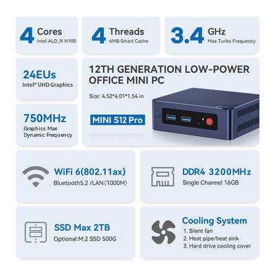 Beelink Mini PC, 12. Gen Intel Alder Lake-N100 Prozessor (bis zu 3.40GHz), MINI-S12 W11 Pro Computer, 16GB RAM 500GB SSD Business Desktop, Dual HDMI/WiFi 6/BT5.2/RJ45/WOL/Auto Power On