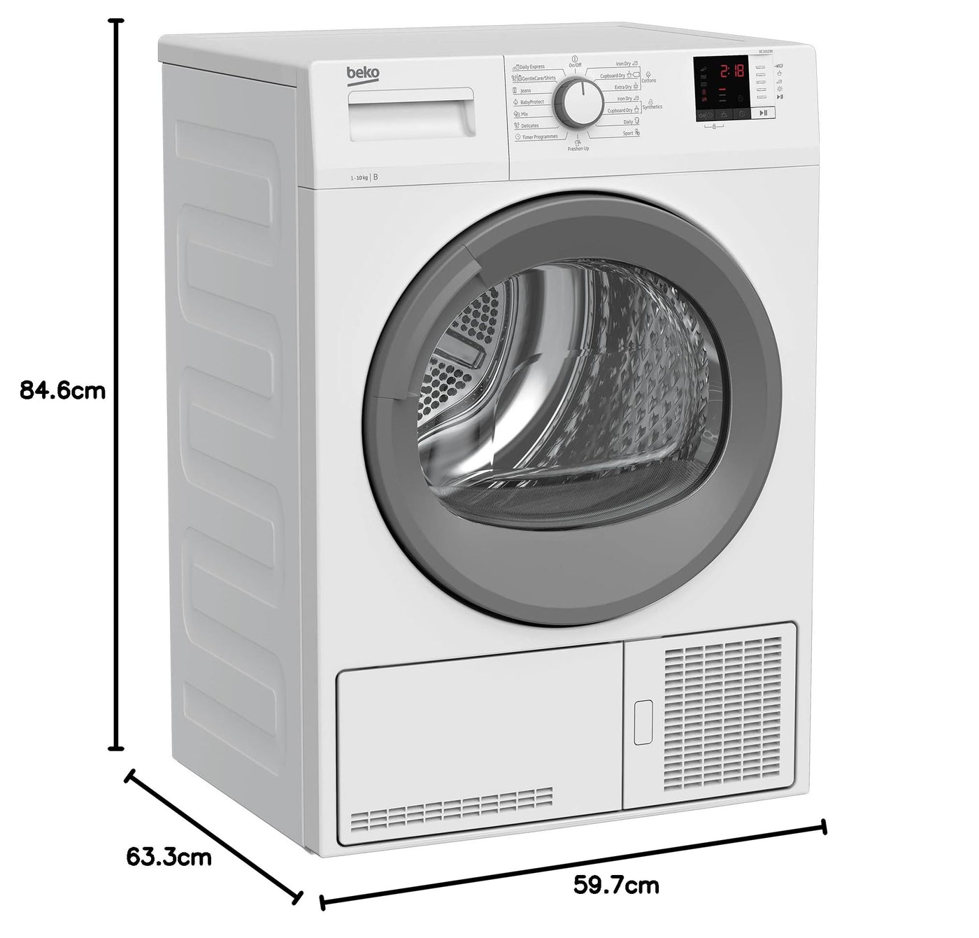 Beko DC 101230 Kondenstrockner, 10 kg, schonende Trommelbewegung, 15 Programme, Multifunktionsdisplay, Sensortrocknung, Knitterschutz, Restzeitanzeige, Kindersicherung, Weiß