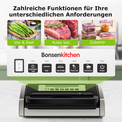 Bonsenkitchen Vakuumiergerät, Vakuumierer, Einschließlich 2 Rollen Vakuumrollen, Design mit Griffverriegelung, leistungsstarker geräuscharmer mit Globefish-Technologie, integrierter Schneider