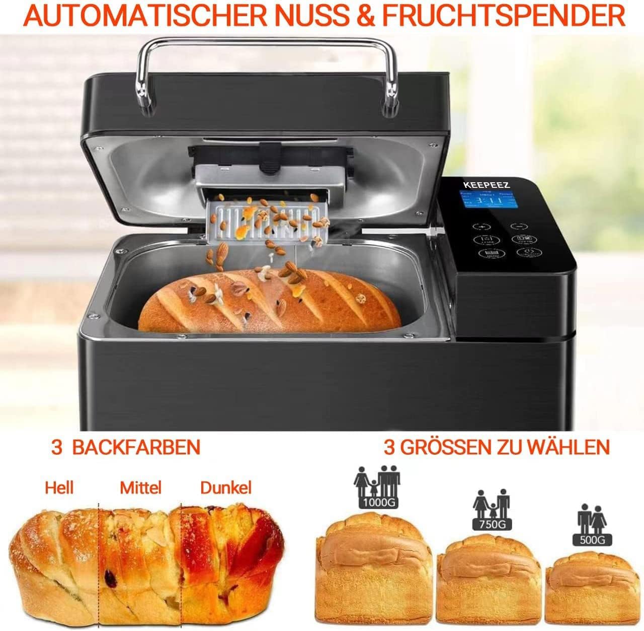 KEEPEEZ 2LB Brotbackautomat, 17-in-1 Quarz Schnellheizer Brotbackautomaten Edelstahl with 2 Paddles, Auto Nut Dispenser, Brotbackmaschine with Keramik-Pfannen, Glutenfrei, 3 Brotgrößen & 3 Backfarben