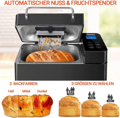 KEEPEEZ 17-in-1 Brotbackautomat, 2LB Brotbackautomaten Edelstahl with 2 Paddles, Quarz Schnellheizer, Auto Nut Dispenser, Keramik-Pfannen, Brotbackmaschine with 3 Brotgrößen& 3 Backfarben, Glutenfrei