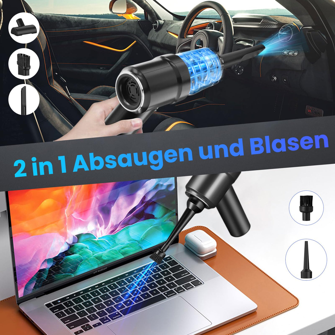 Handstaubsauger Kabellos Mini-Autostaubsauger, 6000PA 2 in 1 Staubsauger & GebläseAkku Handstaubsauger,120W Leistungsstark Handstaubsauger für Auto, Haus, Küche, Tierhaare, Nass-/Trockengebrauch