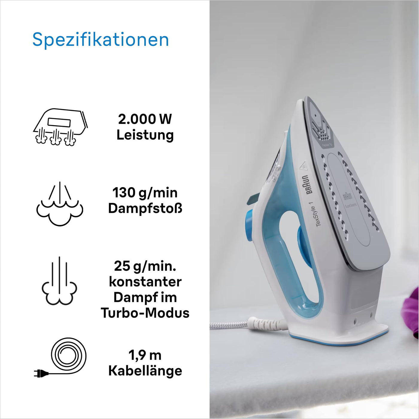 Braun TexStyle 1 Dampfbügeleisen SI 1050BL - Bügeleisen mit SuperCeramic Bügelsohle, Vertikaldampf, 2000 Watt, Blau