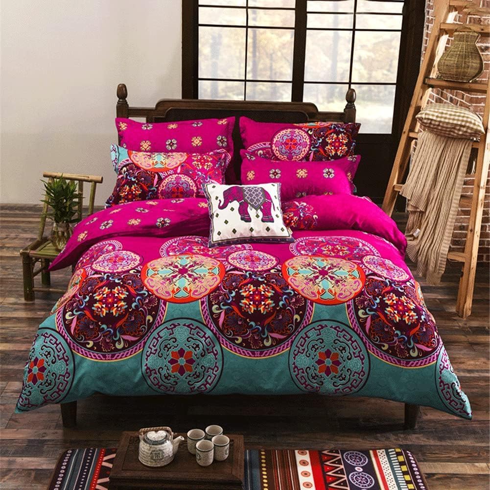 Freyamy Boho Bettwäsche 135x200 4teilig Indisch Exotische Vintage Bohemian Fuchsia Türkis Bunt Muster 100% Mikrofaser Bettbezug Kissenbezug 80x80 Böhmisch Bettbezüge