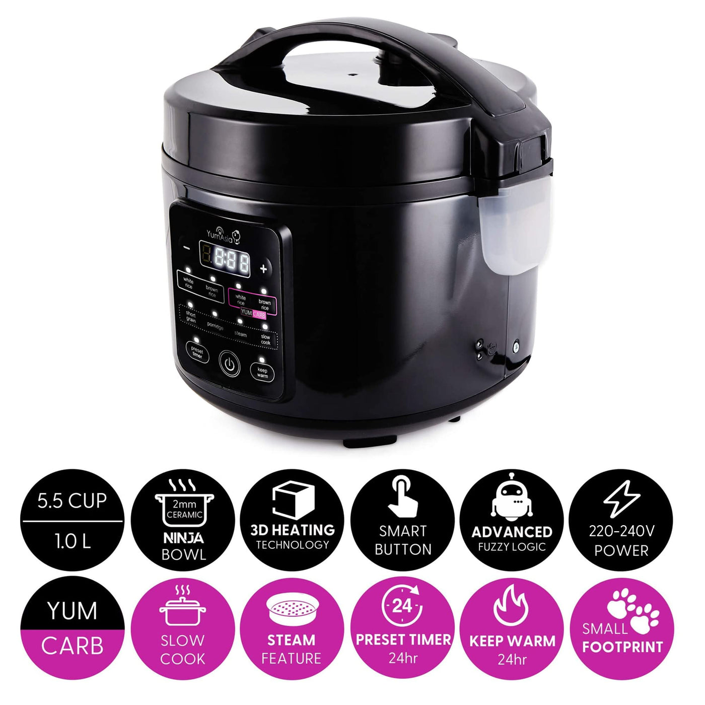 Yum Asia Kumo YumCarb Reiskocher mit Keramikschale und fortschrittlicher Fuzzy-Logik (5,5 Tassen, 1 Liter), 5 Reiskochfunktionen, 3 Multicooker-Funktionen, 220-240V EU (Dunkler Edelstahl)