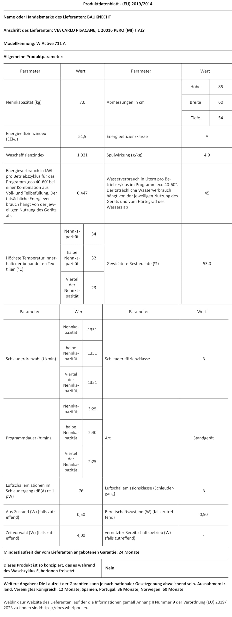 Bauknecht W Active 711 A Waschmaschine Frontlader/ 7kg/ Energieeffizienzklasse A/Kraftvolle Fleckentfernung/Dampf Programme/Steam Hygiene mit Antivirus/Steam Refresh/Stopp&Add Nachlege-Funktion